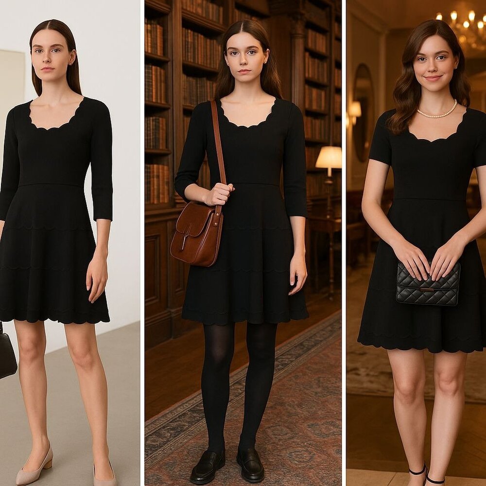 Kate Spade Women’s Black Scallop Hem Dress 6 Quiet Luxury, Coquette, Academia